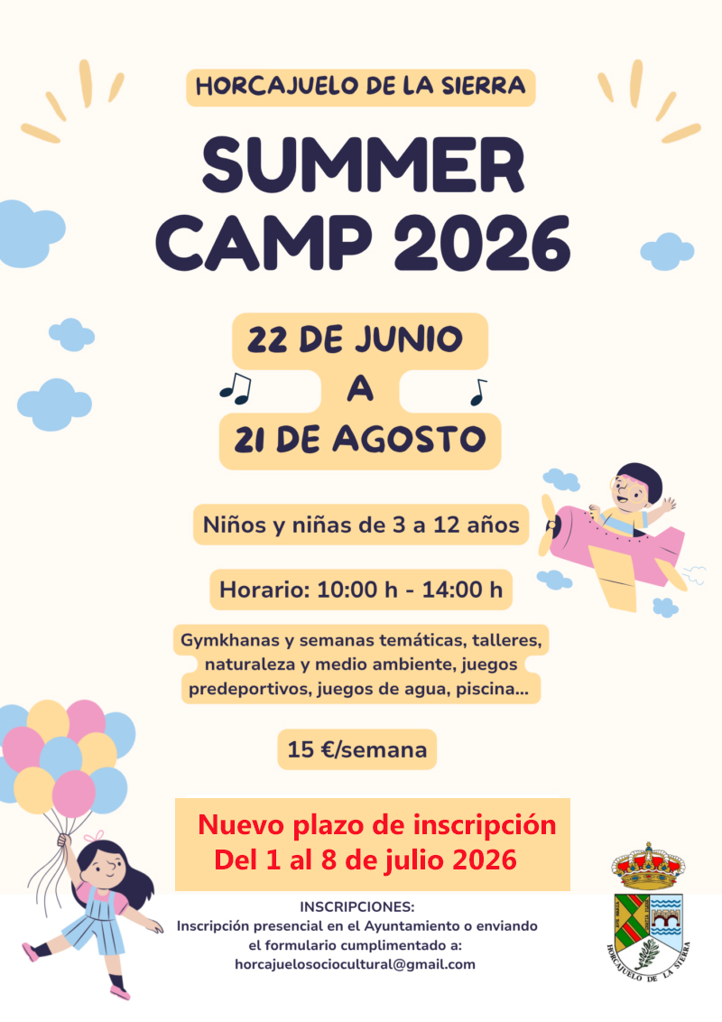 Cartel ampliación plazo de inscripción campamentos de verano. julio 2026